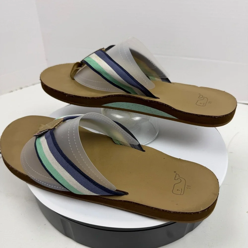 Vineyard Vines Mens Flip Flop Sandals Striped Webbing Tan Navy Green Size 11